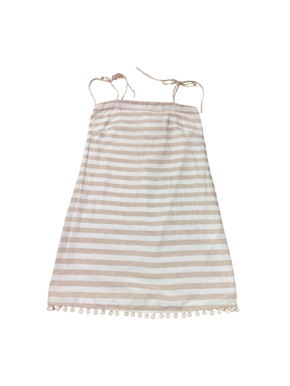 J.Crew Women's Beige White Stripe Linen Blend Tie Strap Pom Trim Dress XXS